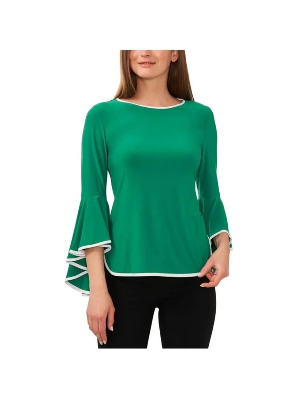 Sam & Jess Blouse Women's XS Green Tiered Ruffles Bell Sleeve Contrast Trim